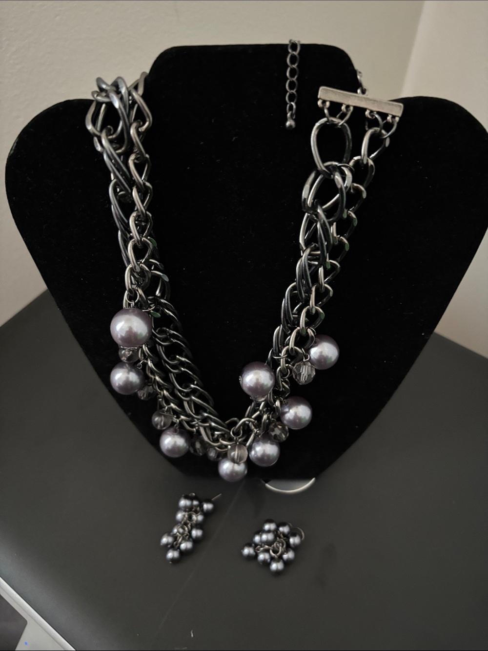 Erica Lyons Gunmetal Multi-Chain Necklace with Gray Pearls